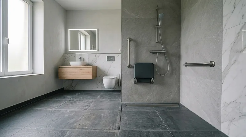 Douche à l'italienne de plain-pied équipée d'une barre d'appui et d'un siège