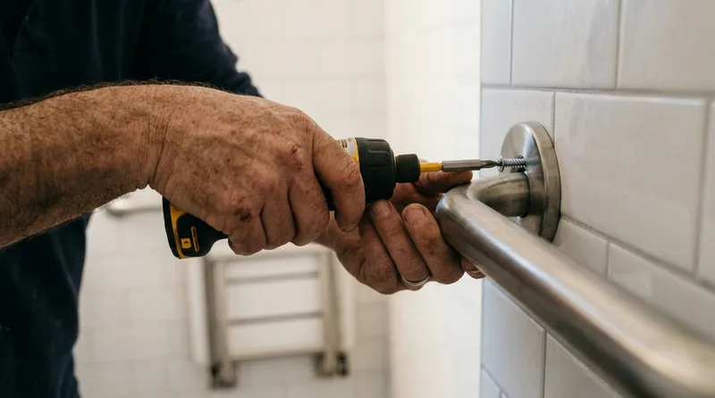 Barre d'appui et siège rabattable posés dans une douche sécurisée